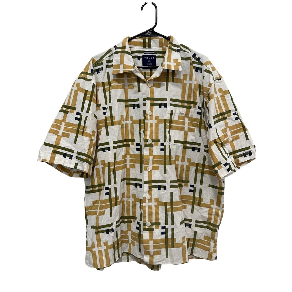 Trust Mens XXL Linen Blend Geometric Abstract Short Sleeve Button Down Shirt